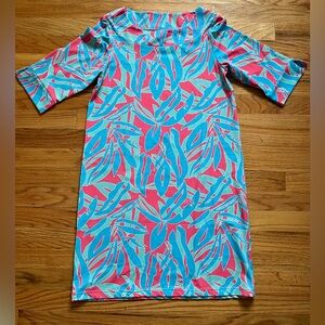 Tropical Pink and Blue Leaf Print Midi Dress